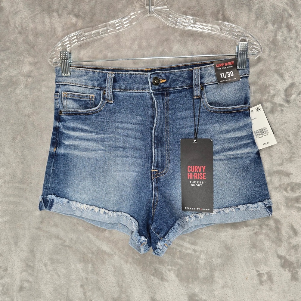 Celebrity Pink The Deb Shorts Women 11/30 Blue Curvy Hi-Rise Raw Hem CC31611RIX